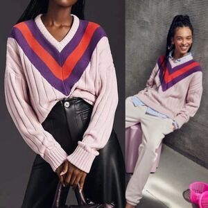 KULE Sz S Yale Sweater Preppy‎ Cotton Cashmere Silk Blend V Neck Crop Pullover